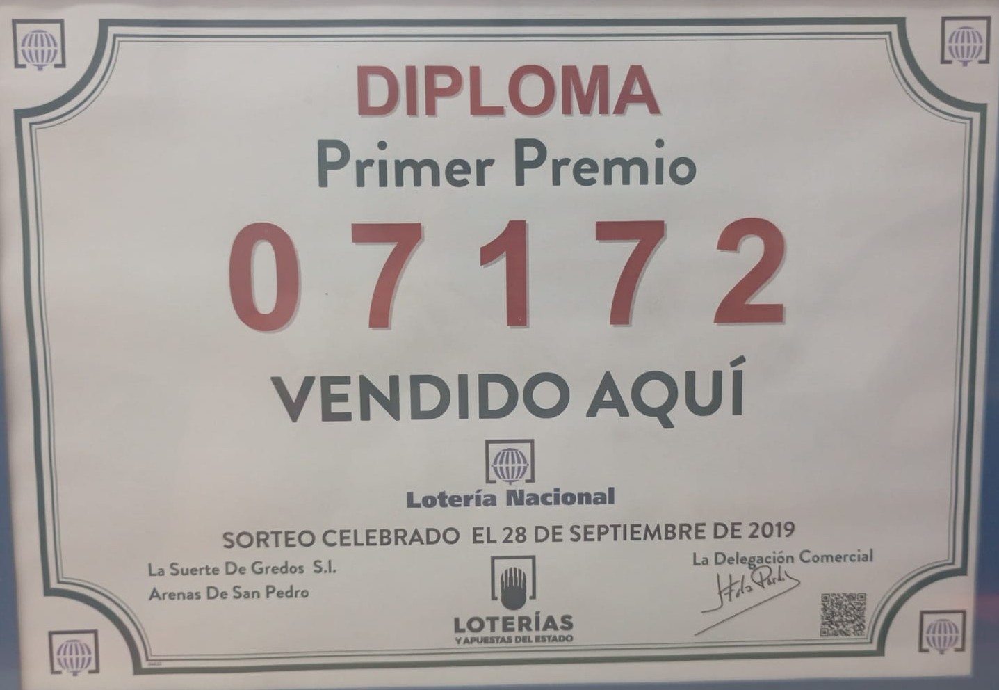 Certificado de premio del 28 de septiembre de 2019